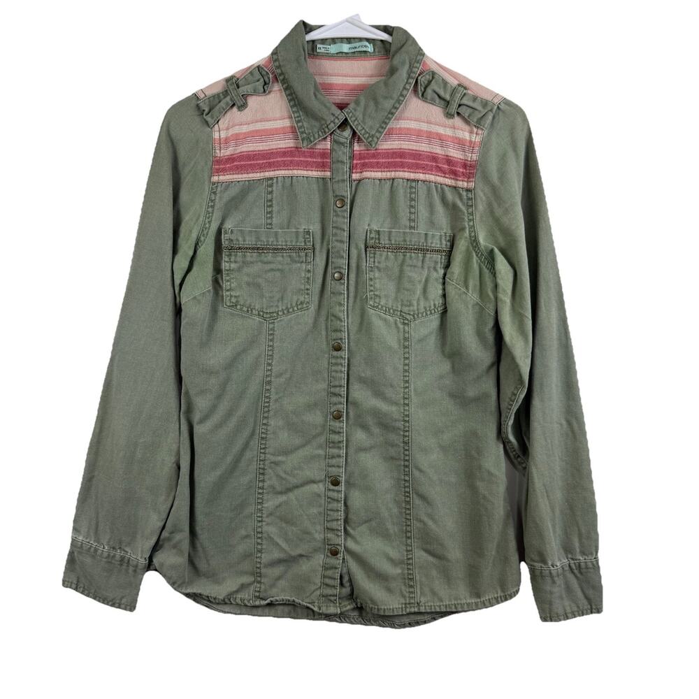 Gorpcore Maurices Green Pink Chambray Snap Collared Long Sleeve Shirt XS Western